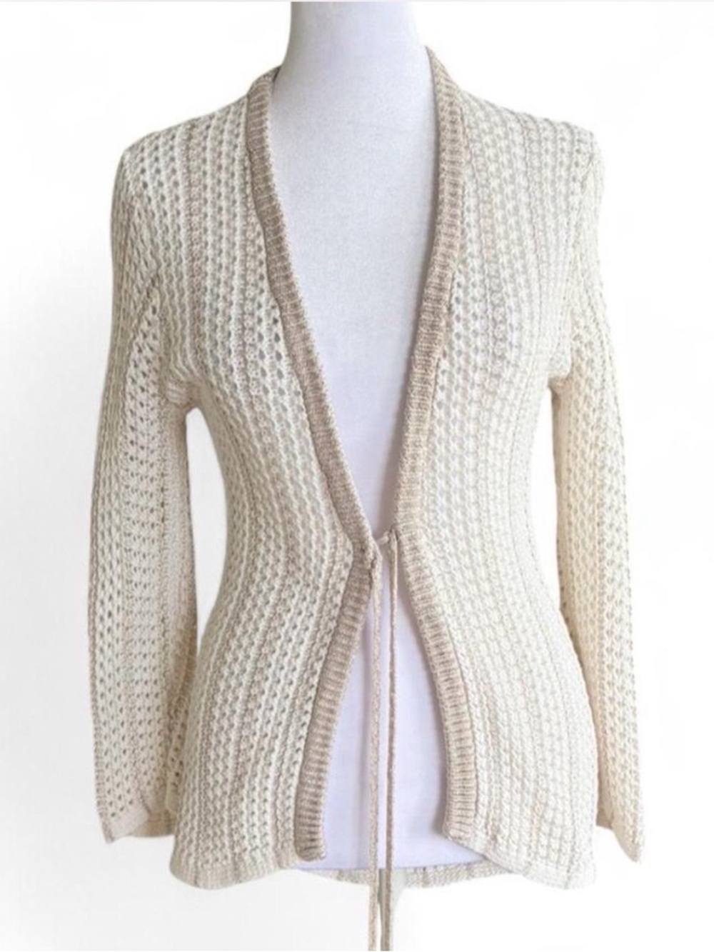 Coldwater Creek Cream Linen/Cotton Open-Weave Cardigan with Tan
